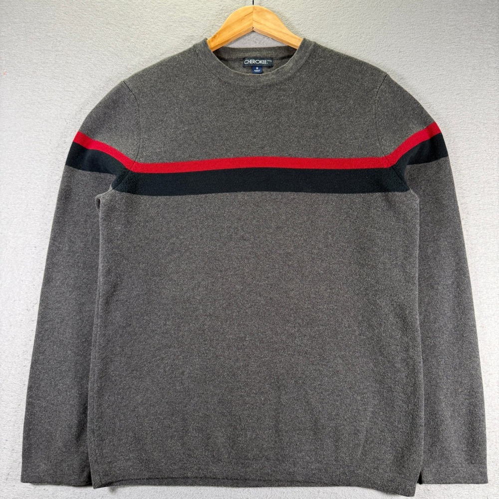 Cherokee Men Charcoal Gray Red Black Stripe Crew Neck Long Sleeve Sweater Medium